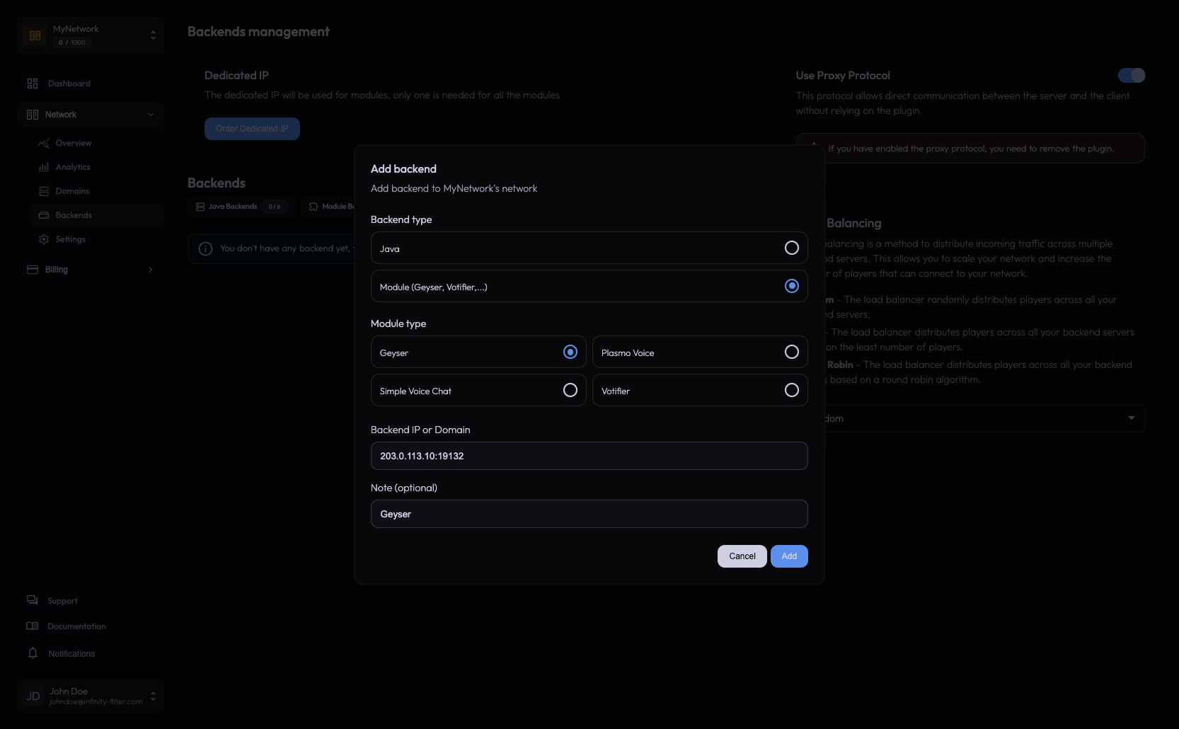 Add backend dialog with Geyser selected