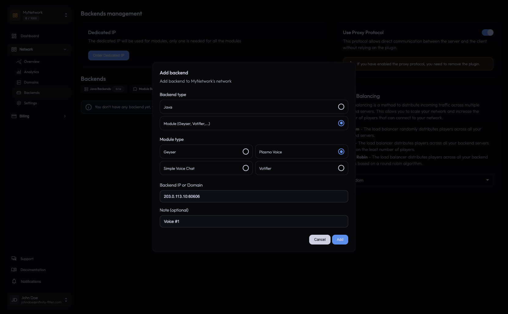 Add backend dialog with PlasmoVoice selected