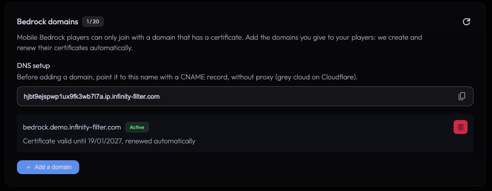 Bedrock domains section with an active domain