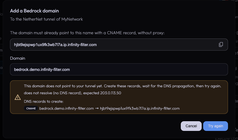 Add a Bedrock domain dialog with the CNAME record to create
