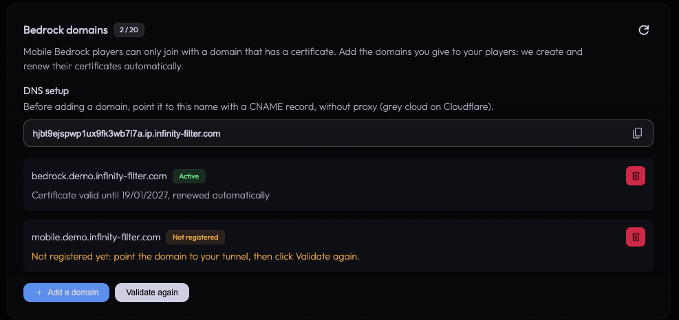 A Bedrock domain shown as Not registered with the Validate again button