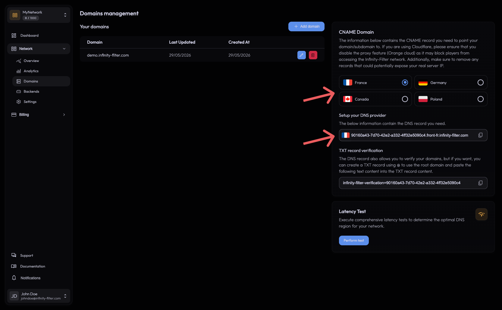 CNAME card with region picker and TXT record