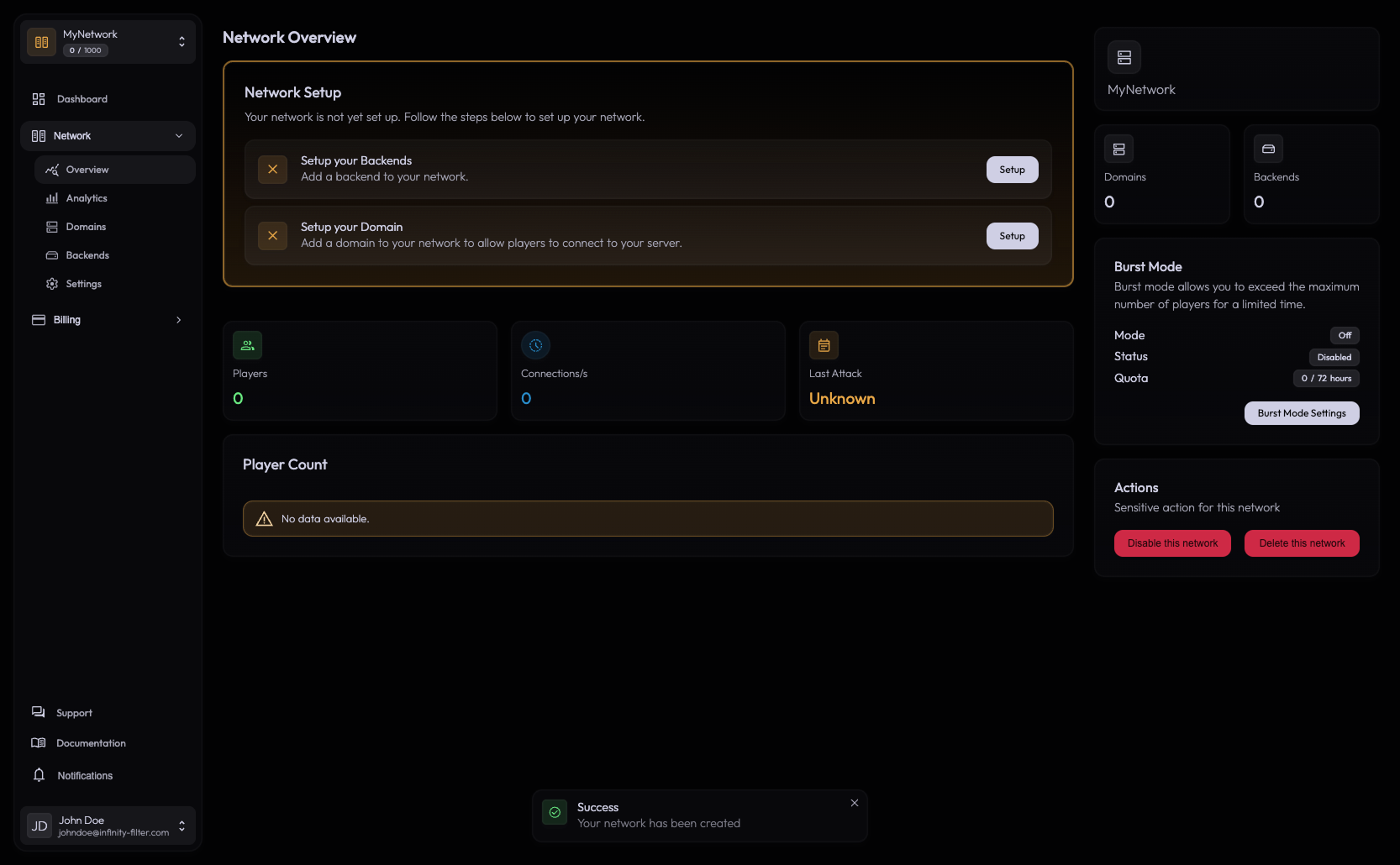 Network Overview with setup tasks
